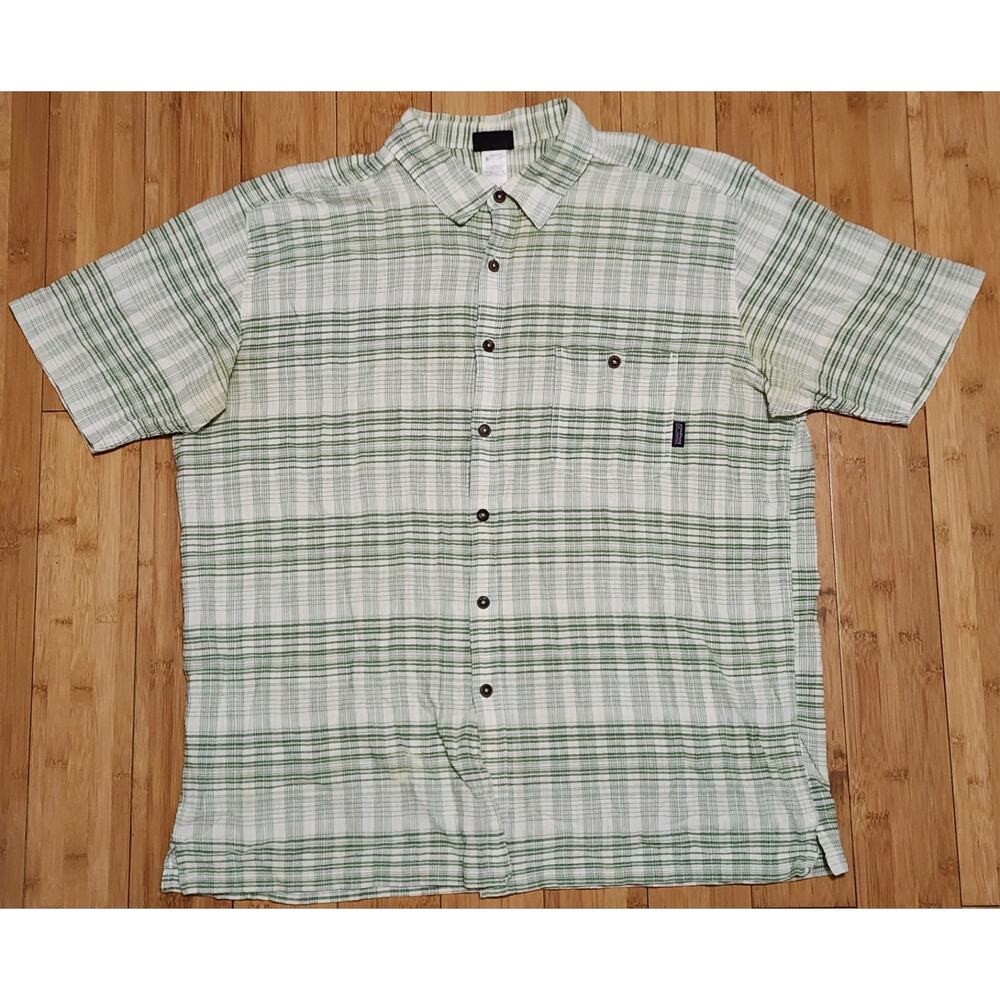 Patagonia Organic Cotton Shirt Mens 2XL XXL Green Plaid Seersucker Short Sleeve